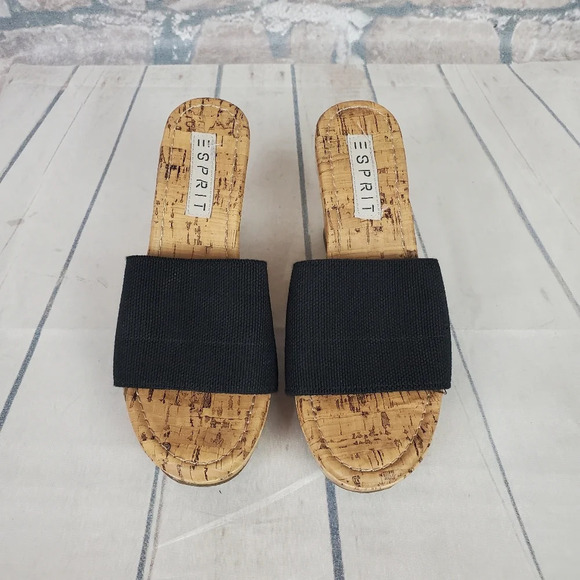 Esprit Platform Wedge Slides Cork Sole Size 38/39 Black Stretch Band - Picture 6 of 15